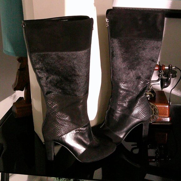 Anne Klein Black Leather & Suede Knee High Boots 3" Heel Size 9 - Picture 1 of 5